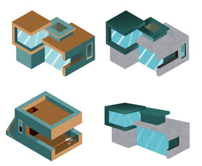 Illustration isométrique de bâtiments contemporain en perspective avec des couleurs chaudes et froides