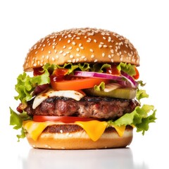  Delicious burger with fresh ingredients with the white background