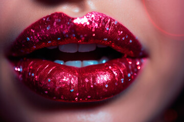 Obraz premium Woman's lips with red lipstick with glitter close-up