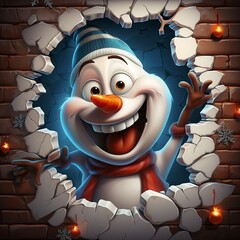 3D cartoon illustration of a christmas snowman through a hole in a brick wall