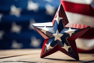 Fototapeten American flag and ster on a wooden table with copy space for text © MdKamrul