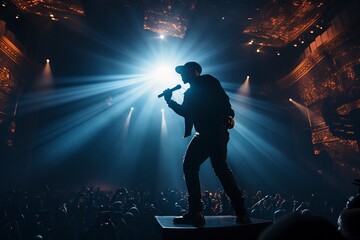 black man singing hip hop and rapping at a concert - obrazy, fototapety, plakaty