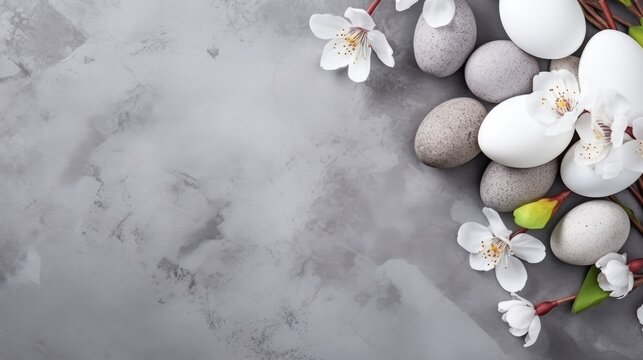 Spring flowers and easter egg with grey concrete background