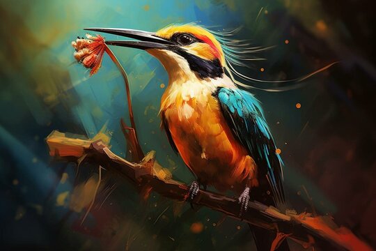 Colorful Bird With Long Beak Eating A Bee. Generative AI