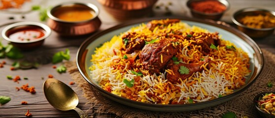  featuring a delicious huge plate of biryani, with royal indian background - obrazy, fototapety, plakaty