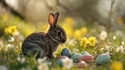 Fototapeta na wymiar Adorable Bunny With Easter Eggs In Flowery Meadow