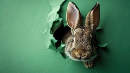 Bunny peeking out of a hole in paper, fluffy eared bunny easter bunny banner, rabbit jump out torn hole.