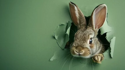 Fotobehang Bunny peeking out of a hole in paper, fluffy eared bunny easter bunny banner, rabbit jump out torn hole. © MdKamrul