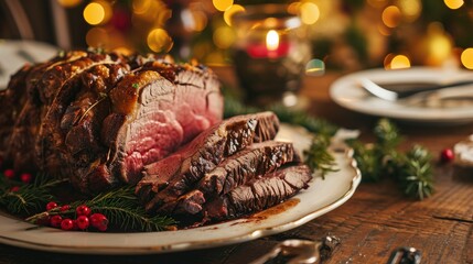 Christmas prime rib beef fillet roasted closeup, Xmas menu on table