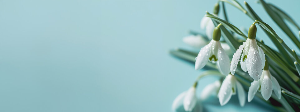 snowdrops with water drops close up on pastel blue background with copy space