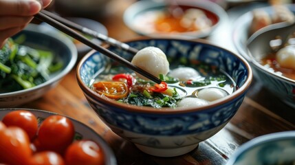 Eating homemade white small tangyuan with savory soup and vegetable. - obrazy, fototapety, plakaty