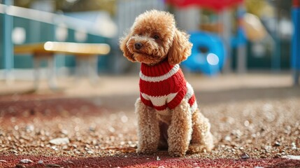 An adorable smile brown toy poodle taking a picture in the school playground wearing puppy dressed Red and white sweater - obrazy, fototapety, plakaty