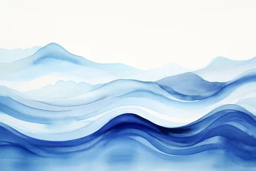 Rolgordijnen Abstract painting of indigo blue watercolor waves and mountains on a white background. Generative AI © Arnav