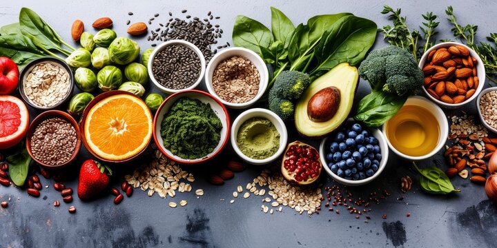 Healthy food clean eating selection. fruit, vegetable, seeds, superfood, cereal, leaf vegetable on gray concrete background.
