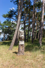 Wooden sculpture (owl) in the forest