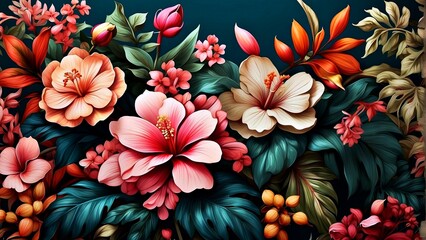 beautiful fantasy design vintage wallpaper tropical botanical flower bunch, vintage motif for floral print digital background