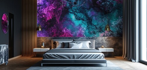 A modern bedroom featuring a 3D intricate wall displaying a neon abstract galaxy design in a mesmerizing mix of purple and teal paired with a sleek silver bed