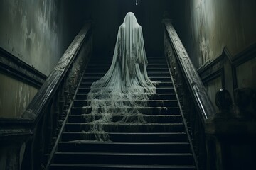 lonely ghost tormented on the stairs - obrazy, fototapety, plakaty