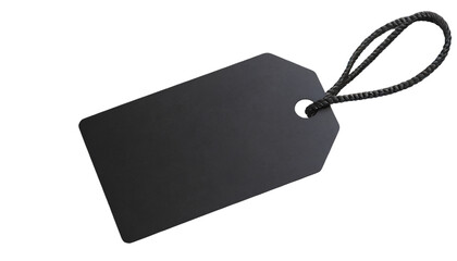 Blank black price tag with string isolated on transparent background.