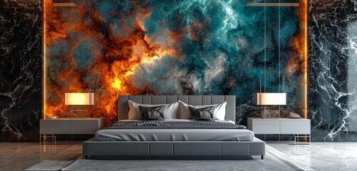 A modern bedroom showcasing a 3D intricate wall with a neon abstract galaxy design in a mesmerizing combination of orange and teal complemented by a sleek silver bed - obrazy, fototapety, plakaty
