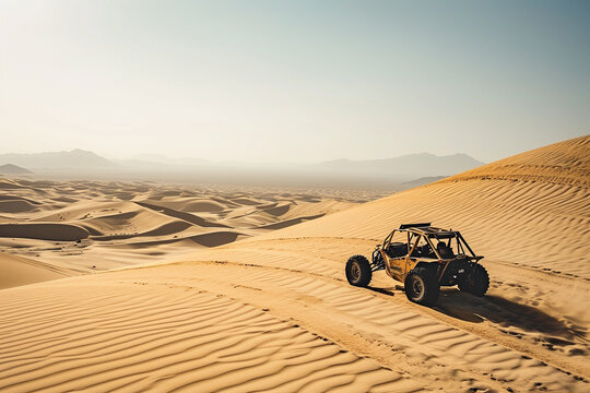 The dune buggy raced across the sandy terrain, conquering the challenging peaks and valleys with ease.