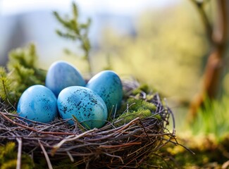 blue easter eggs are in the nest easter