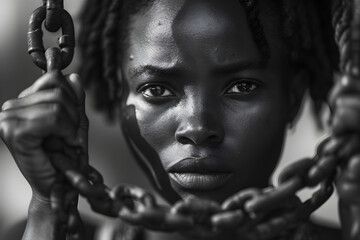 Reflecting on Black History Month, the Day of the Abolition, and Juneteenth, a black woman's struggle against chains and injustice in Unshackling Essence, - obrazy, fototapety, plakaty