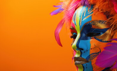 colorful mask on orange background with colorful feathers