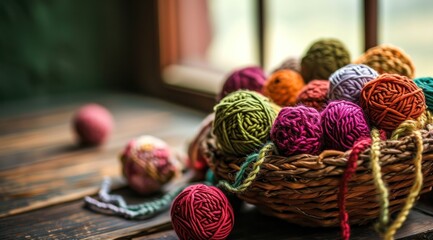 crochet balls in basket on wooden table