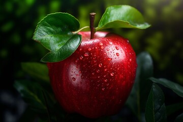Obraz premium A red apple adorned with a green leaf,