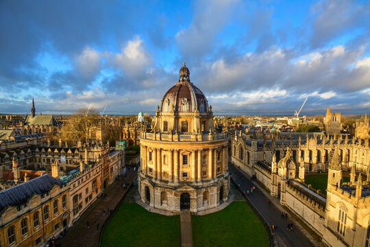 Skyline of Oxford, Oxfordshire, UK, in the evening sunlight with the Radcliffe Camera and Bodleian Library from the University Church of St Mary