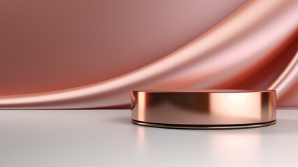 Sleek bronze podium with rose gold silk cloth in backdrop, Premium showcase mockup template for Beauty, Cosmetic, Luxury products, with copy space for text