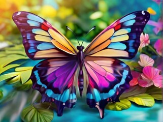 stunningly beautiful fairy Fantasy abstract paint colorful butterfly sits on garden. The insect casts a shadow on nature. The insect has many geometric angles.