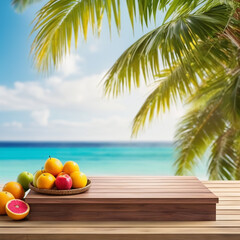 Obraz premium An empty wooden podium draped in a vibrant fruits-tablecloth rests atop a table, set against a dreamy tropical beach. Bokeh lights shimmer in the background, capturing the essence of summer