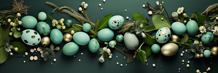 Festively Decorated Easter Eggs and Leaves on Green Background, Flat Lay. Space for Text