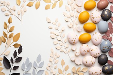Fototapeta na wymiar Festively Decorated Easter Eggs and Leaves on White Background, Flat Lay. Space for Text