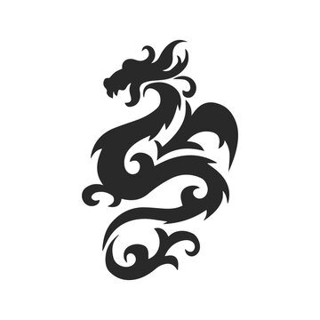 Black silhouette of a Chinese dragon on a white background. Dragon with ornament. Logo, tattoo. Vector