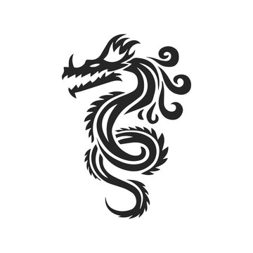 Black silhouette of a Chinese dragon on a white background. Dragon with ornament. Logo, tattoo. Vector