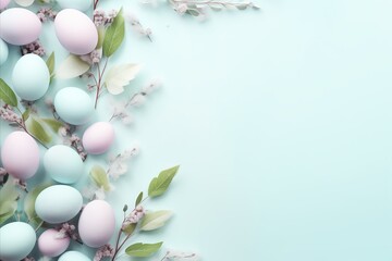 Fototapeta na wymiar Festively Decorated Easter Eggs and Leaves on Light Blue Background, Flat Lay with Space for Text