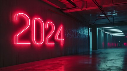 Large neon sign 2024 in an empty dark room. Neon lights. 2024th year