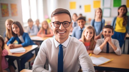 Teacher in eyeglasses sitting at desk in classroom