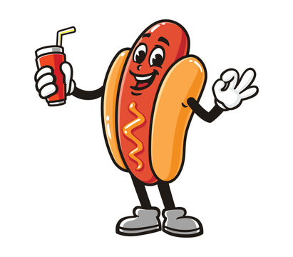cartoon hot dog character holding drink clip art preview