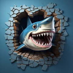 Naklejka premium 3D cartoon illustration, a shark through a hole in a brick wall