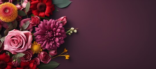 Festively decorated Valentine&#039;s Day flowers on dark red background, flat lay. space for text