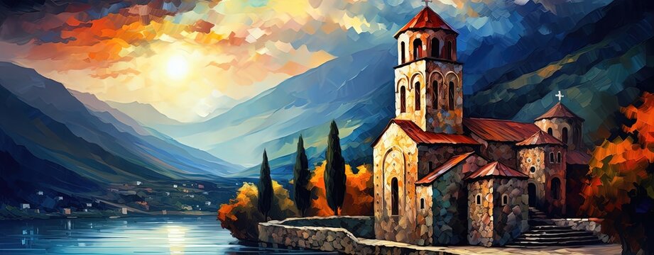 painting style illustration of ancient church at riverside, mountain valley view, Generative Ai