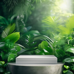 wooden podium nestled amidst lush greenery, dappled sunlight filtering through exotic leaves. Vibrant ferns and tropical flowers frame the scene, creating a natural stage for your organic products