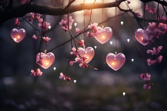 Valentines Day Love. Intertwined Hearts Amidst Delicate Flowers and Sparkling Lights