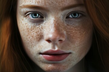Close up portrait of woman with striking features, blue eyes, freckles, and gentle gaze