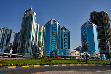 Fototapeta na wymiar Towers opposite the Central Market in the Emirate of Sharjah, United Arab Emirates