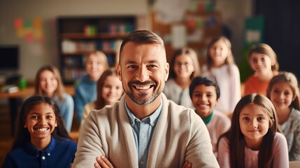 Smiling teacher standing in front of his students in classroom